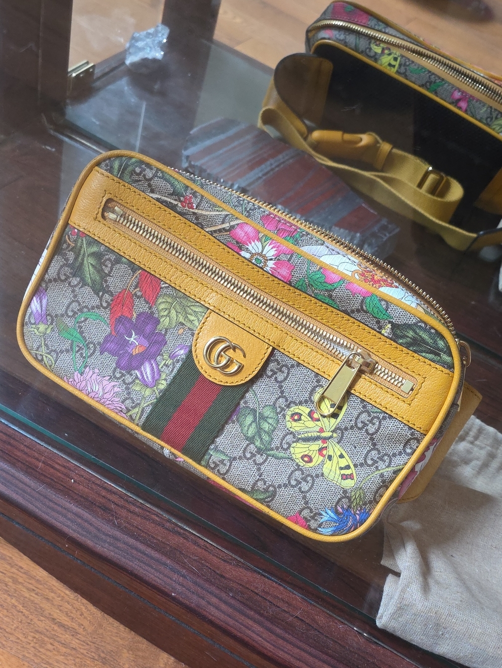 Gucci Floral GG Supreme Yellow Trim Crossbody Bag/ Belt Bag